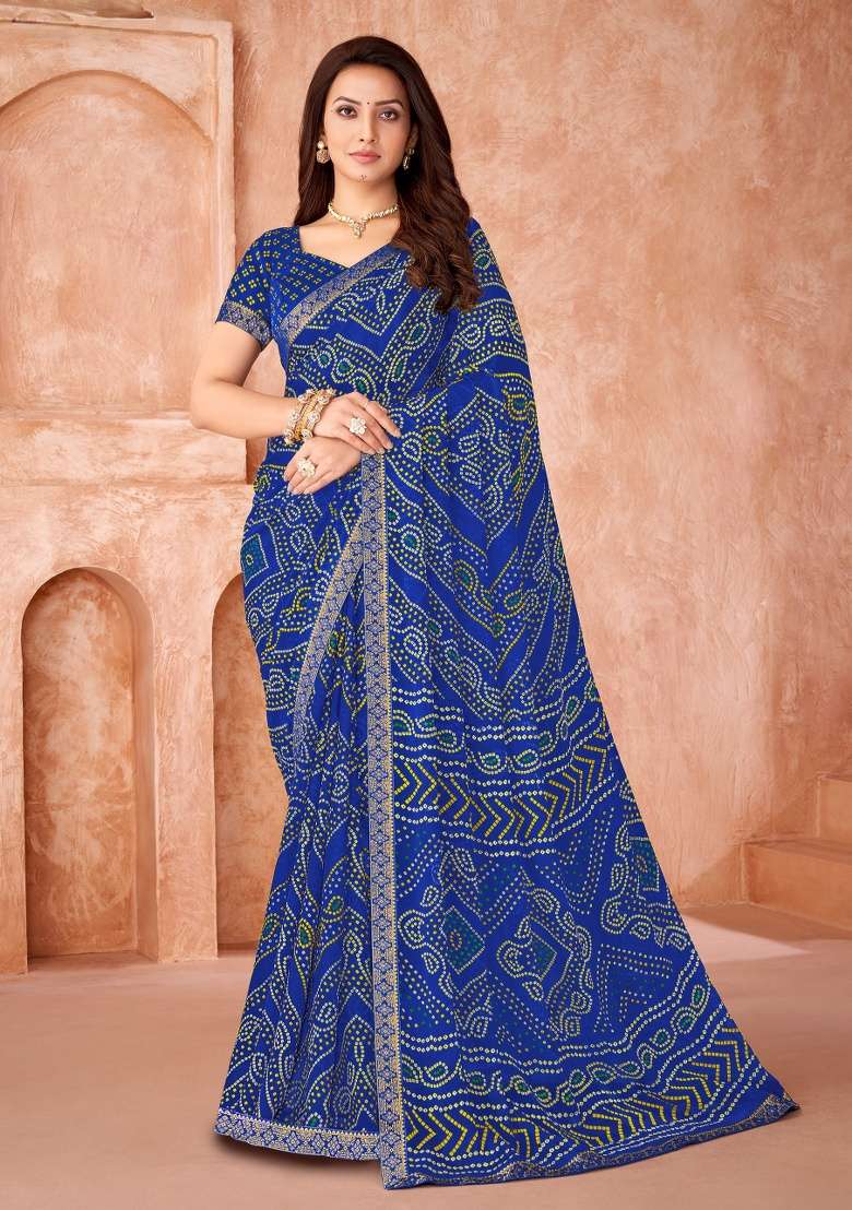 Royal_Blue Embroidery Work Chiffon Saree Set for Diwali and Festive Wear - Indya