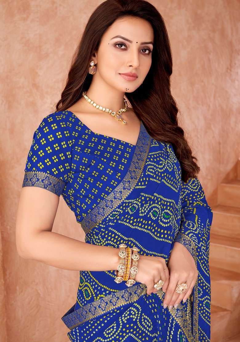 Royal_Blue Embroidery Work Chiffon Saree Set for Diwali and Festive Wear - Indya
