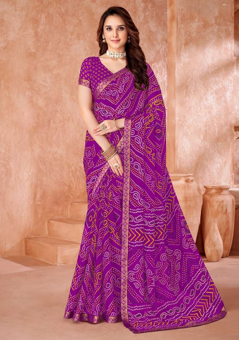Purple Embroidery Work Chiffon Saree Set for Diwali and Festive Wear - Indya