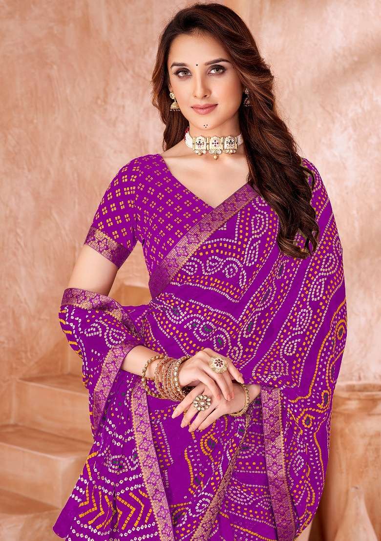 Purple Embroidery Work Chiffon Saree Set for Diwali and Festive Wear - Indya