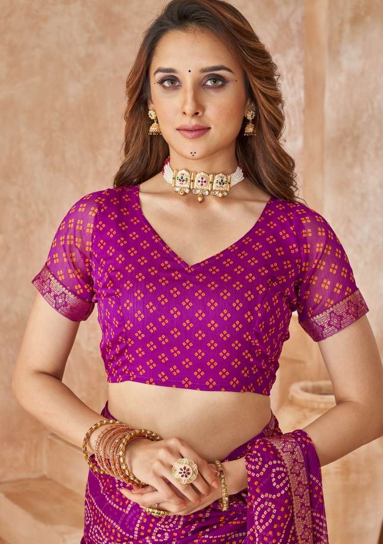 Purple Embroidery Work Chiffon Saree Set for Diwali and Festive Wear - Indya