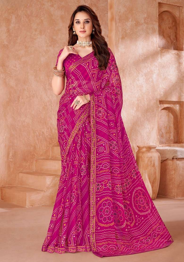 Pink Work Chiffon Saree Set with Embroidery for Diwali | Wedding & Festive Wear - Indya