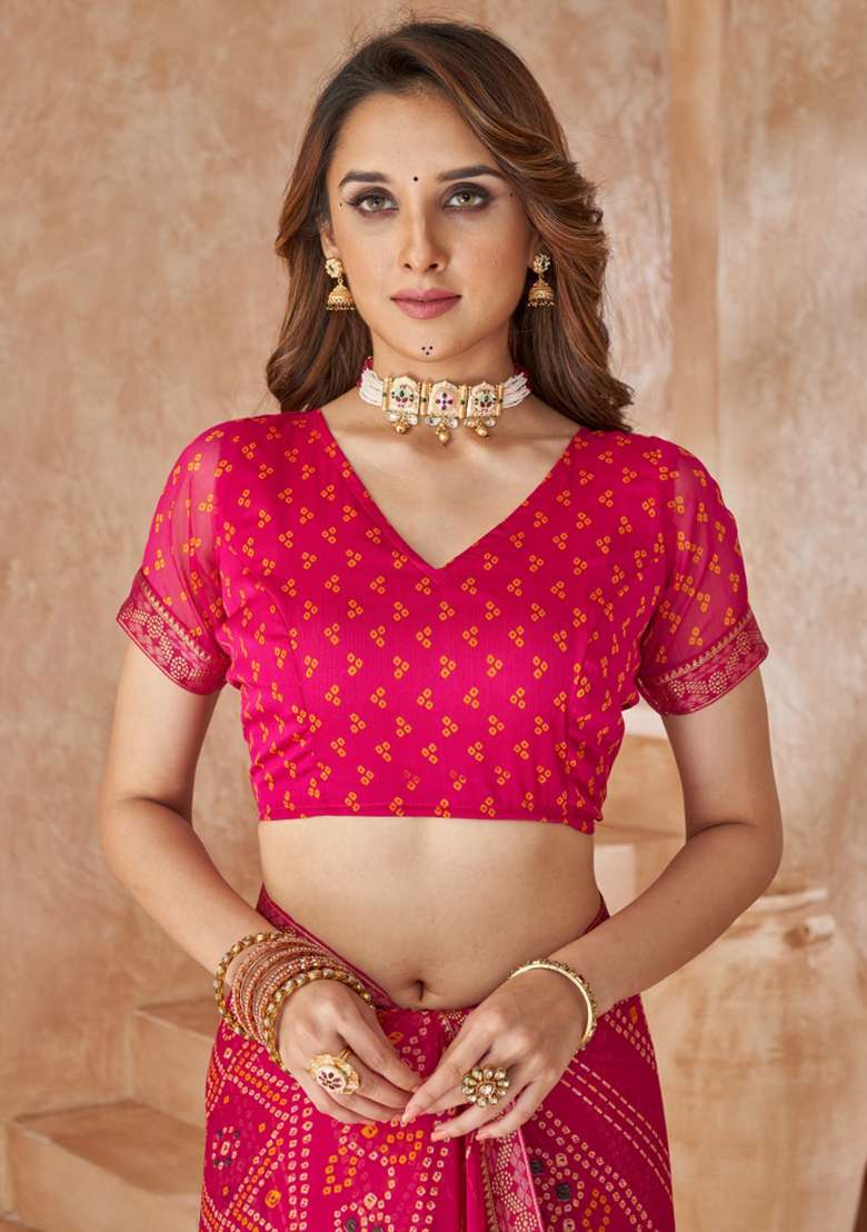 Pink Work Chiffon Saree Set with Embroidery for Diwali | Wedding & Festive Wear - Indya