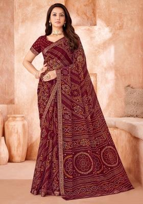 Maroon Embroidery Work Chiffon Saree Set