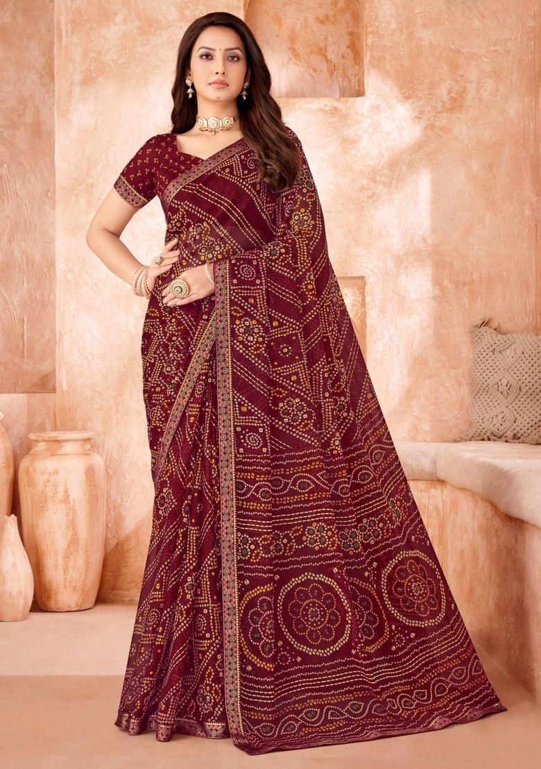 Maroon Embroidery Work Chiffon Saree Set
