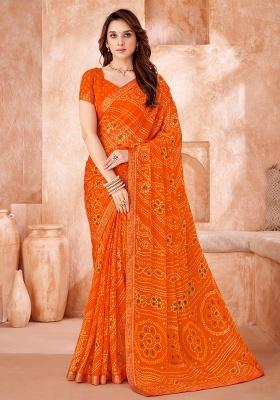 Orange Embroidery Work Chiffon Saree Set