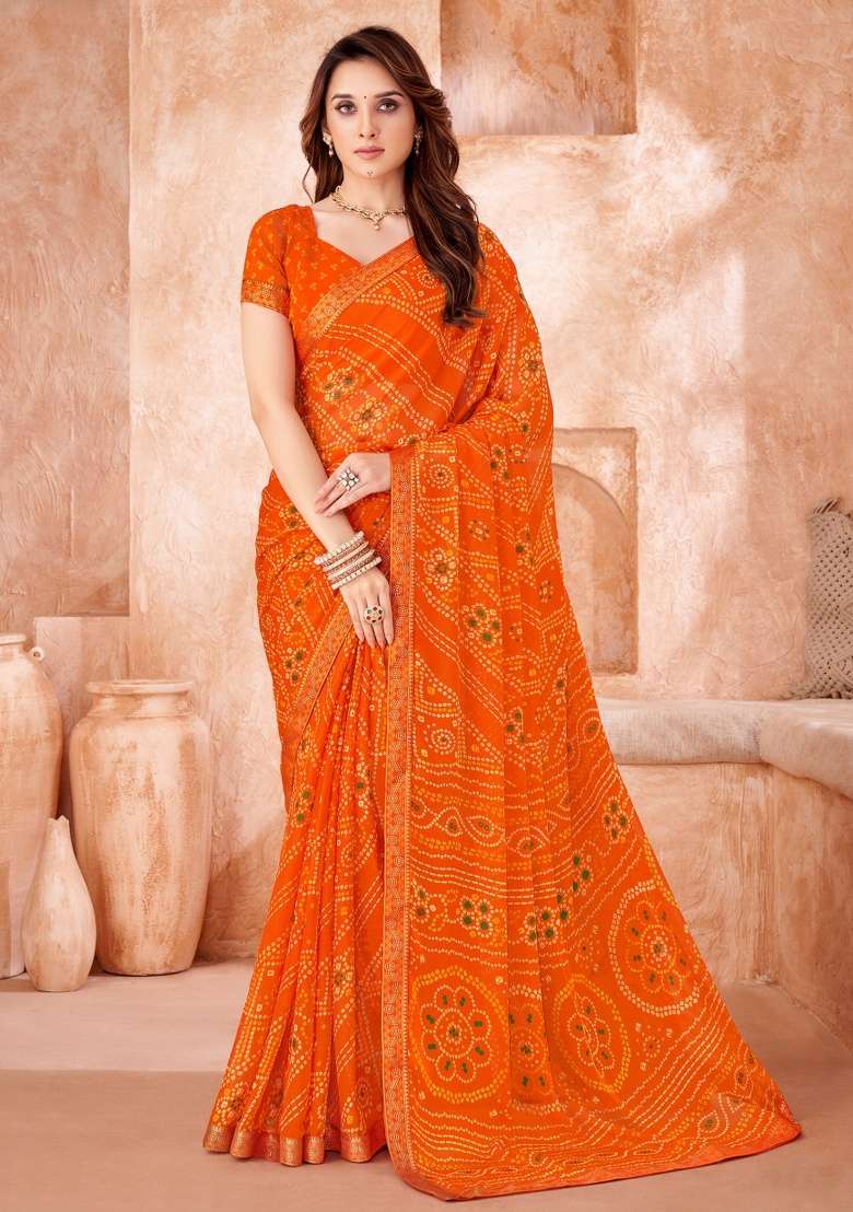 Orange Work Chiffon Saree Set with Embroidery for Diwali | Wedding & Festive Wear - Indya