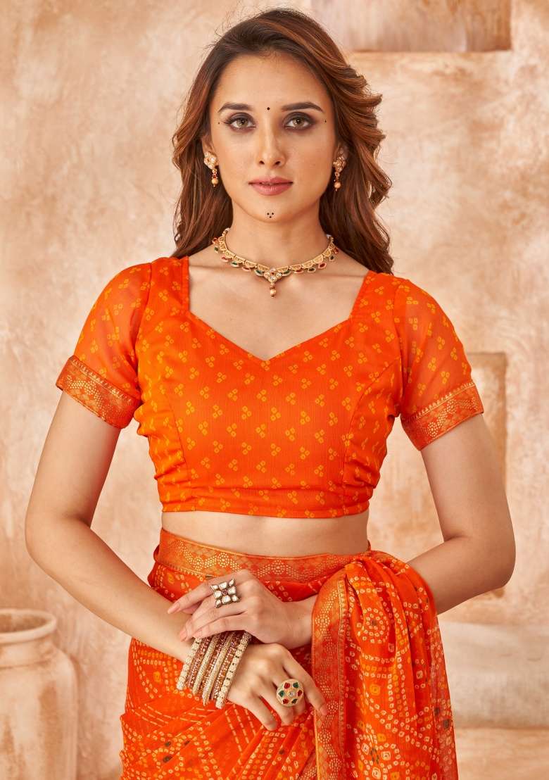 Orange Work Chiffon Saree Set with Embroidery for Diwali | Wedding & Festive Wear - Indya