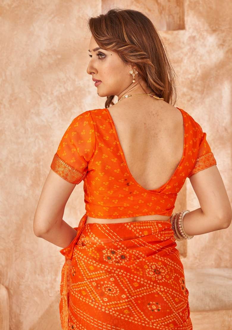 Orange Work Chiffon Saree Set with Embroidery for Diwali | Wedding & Festive Wear - Indya