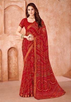 Red Embroidery Work Chiffon Saree Set