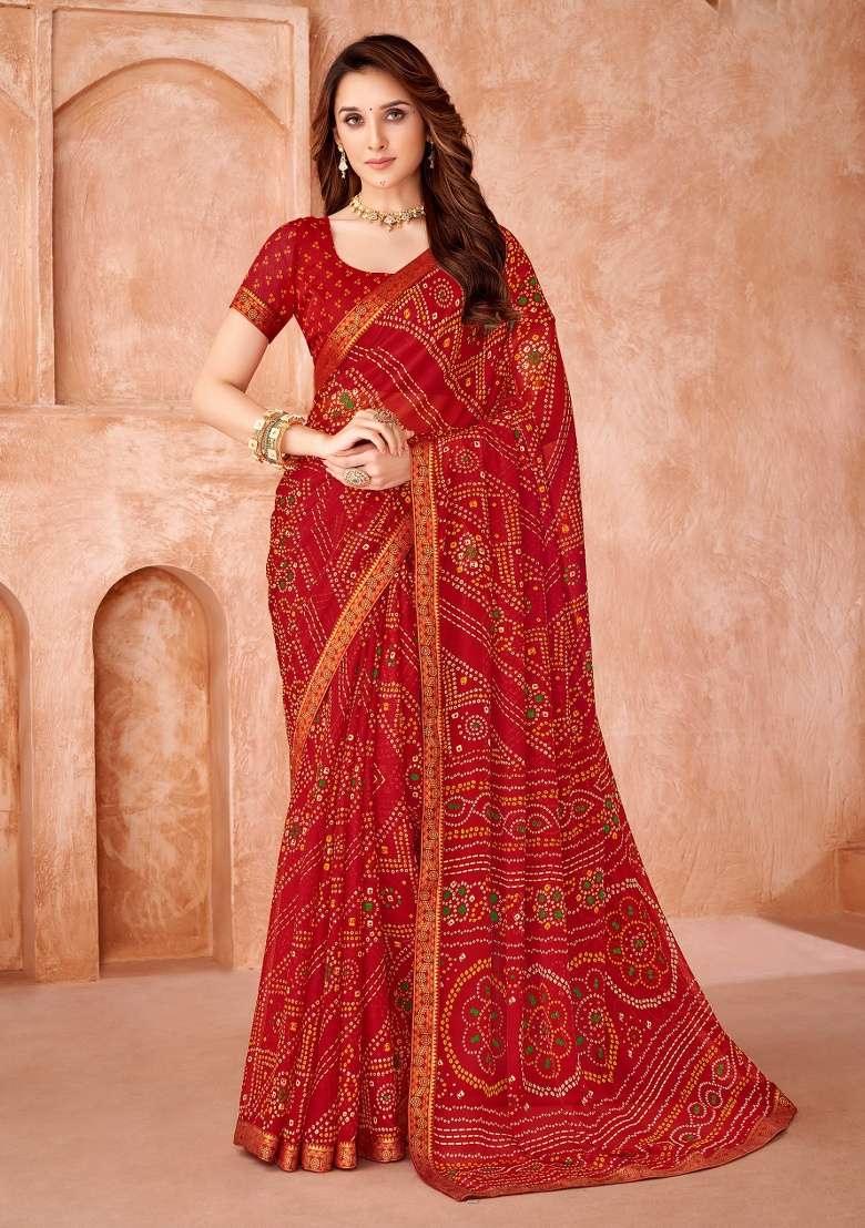 Red Work Chiffon Saree Set with Embroidery for Diwali | Wedding & Festive Wear - Indya