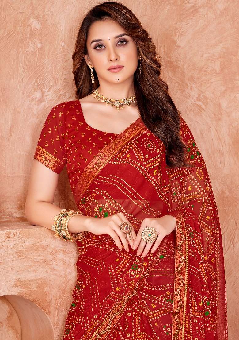 Red Work Chiffon Saree Set with Embroidery for Diwali | Wedding & Festive Wear - Indya