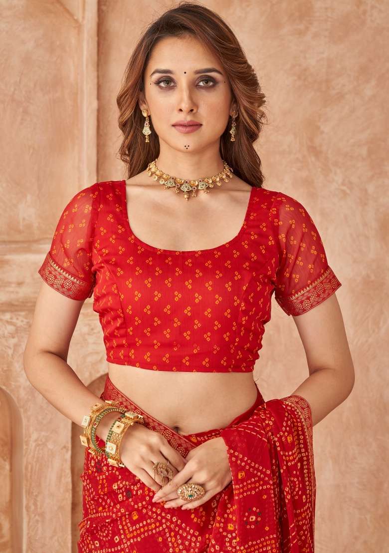 Red Work Chiffon Saree Set with Embroidery for Diwali | Wedding & Festive Wear - Indya