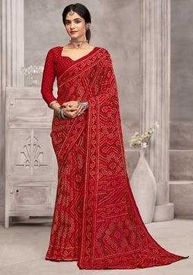 Red Embroidery Work Chiffon Saree Set