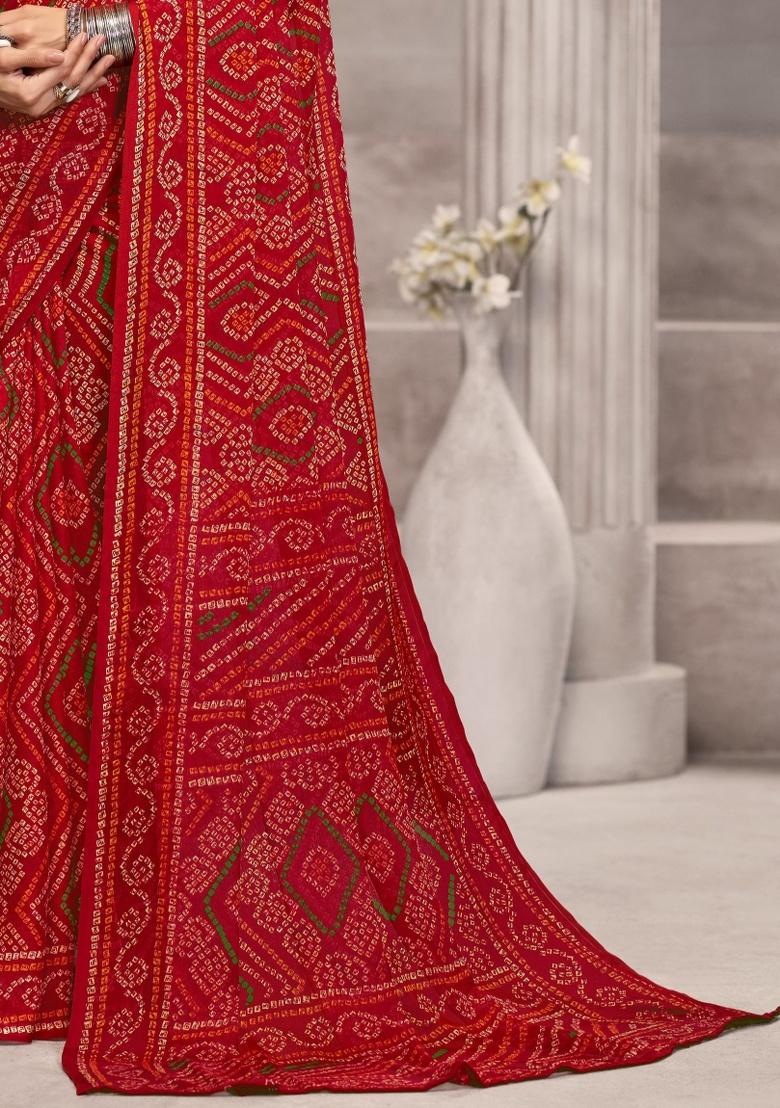 Red Embroidery Work Chiffon Saree Set