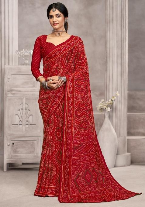 Red Embroidery Work Chiffon Saree Set