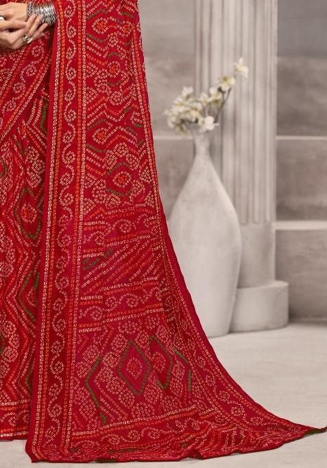 Red Embroidery Work Chiffon Saree Set