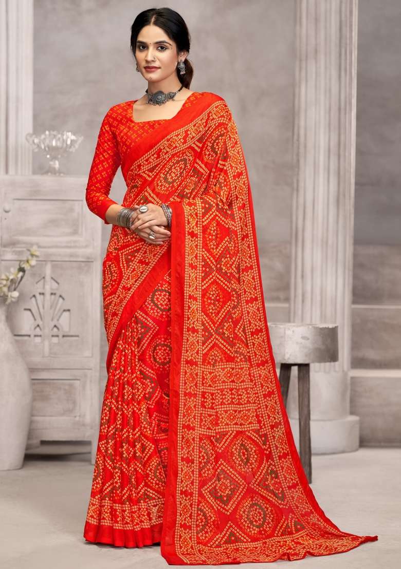 Orange Work Chiffon Saree Set with Embroidery for Diwali | Wedding & Festive Wear - Indya