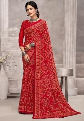 Red Embroidery Work Chiffon Saree Set