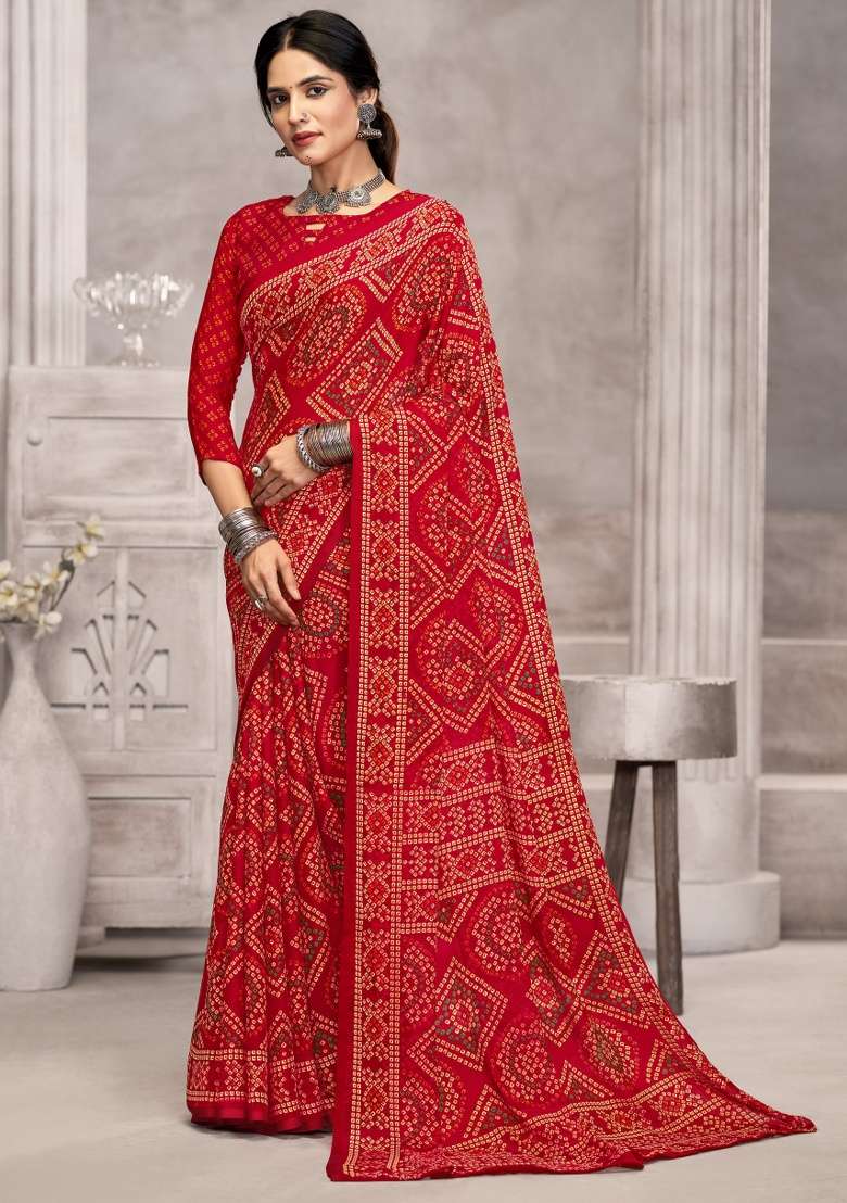 Red Embroidery Work Chiffon Saree Set for Diwali and Festive Wear - Indya