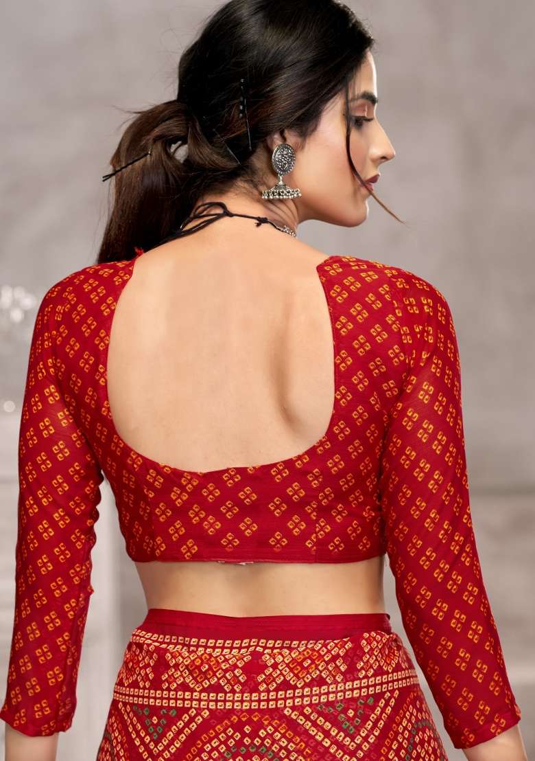 Red Embroidery Work Chiffon Saree Set for Diwali and Festive Wear - Indya