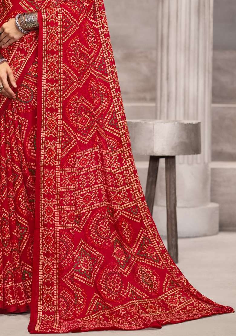 Red Embroidery Work Chiffon Saree Set for Diwali and Festive Wear - Indya