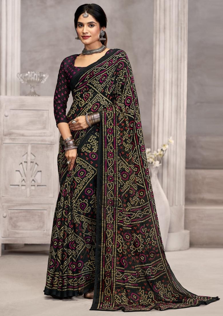 Black Embroidery Work Chiffon Saree Set