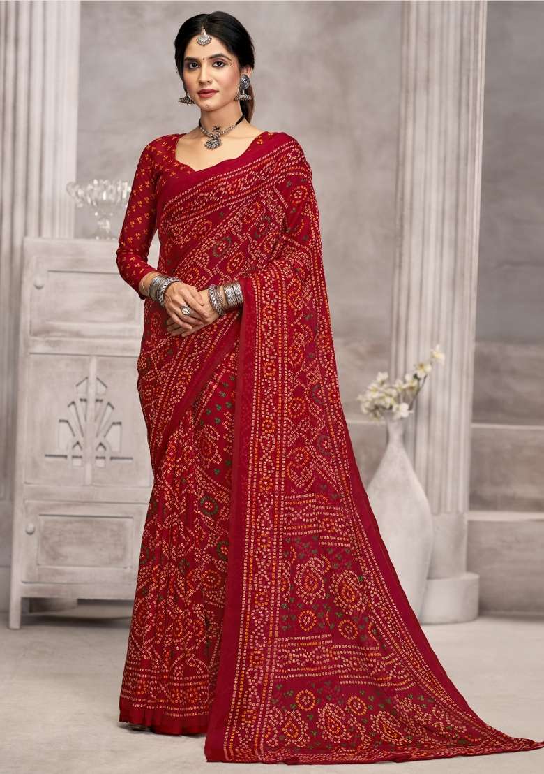 Maroon Embroidery Work Chiffon Saree Set for Diwali and Festive Wear - Indya