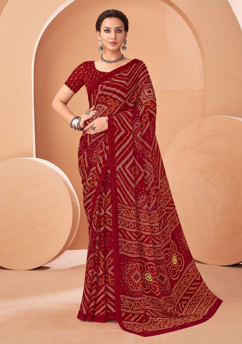 Maroon Work Chiffon Saree Set with Embroidery for Diwali | Wedding & Festive Wear - Indya