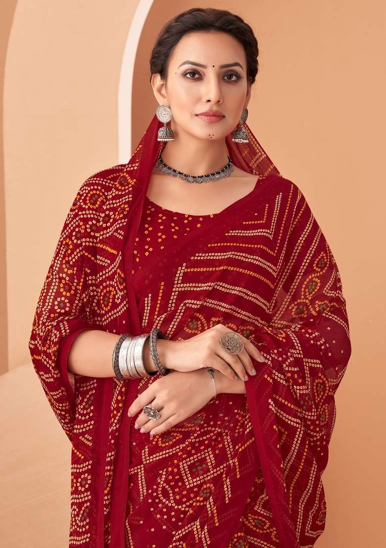 Maroon Work Chiffon Saree Set with Embroidery for Diwali | Wedding & Festive Wear - Indya