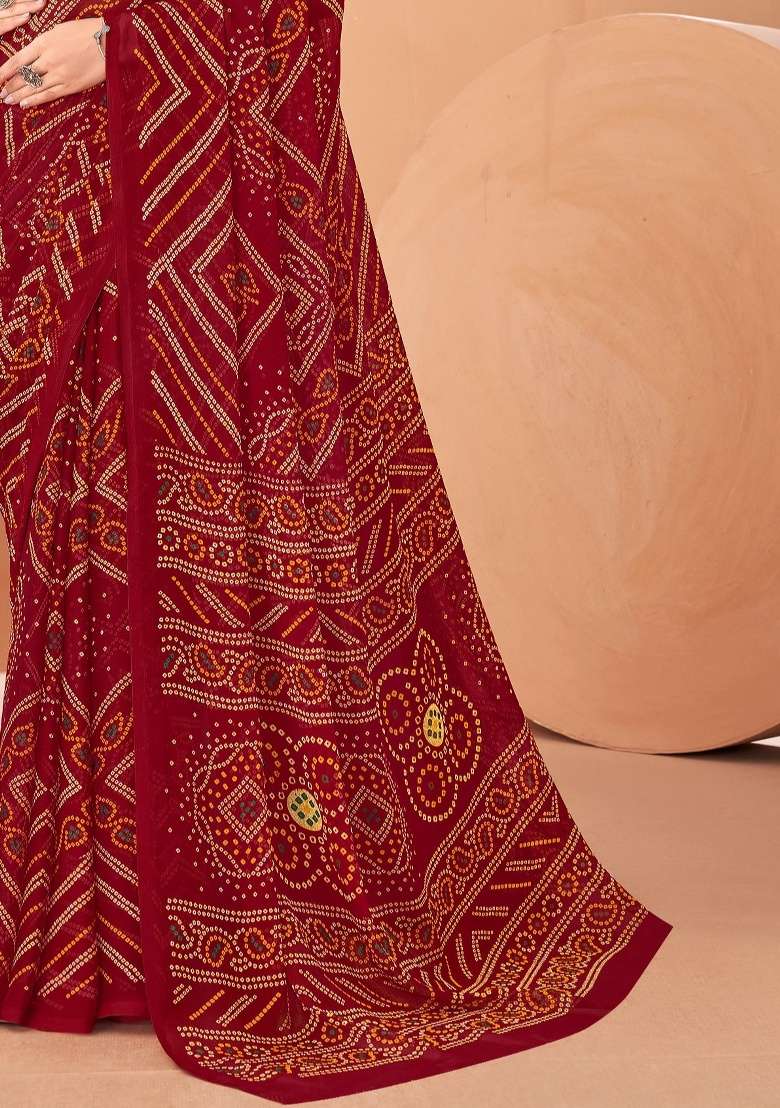 Maroon Work Chiffon Saree Set with Embroidery for Diwali | Wedding & Festive Wear - Indya