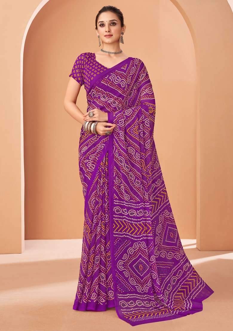 Purple Work Chiffon Saree Set with Embroidery for Diwali | Wedding & Festive Wear - Indya