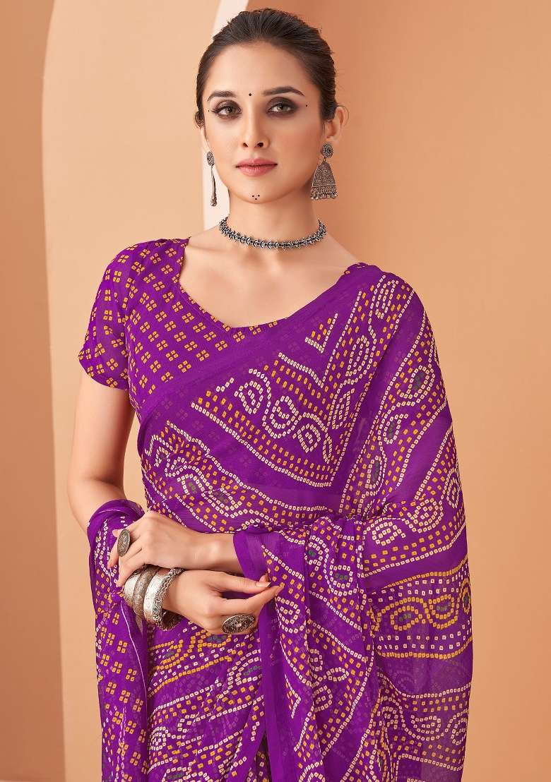 Purple Work Chiffon Saree Set with Embroidery for Diwali | Wedding & Festive Wear - Indya
