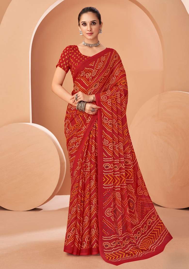 Red Embroidery Work Chiffon Saree Set for Diwali and Festive Wear - Indya