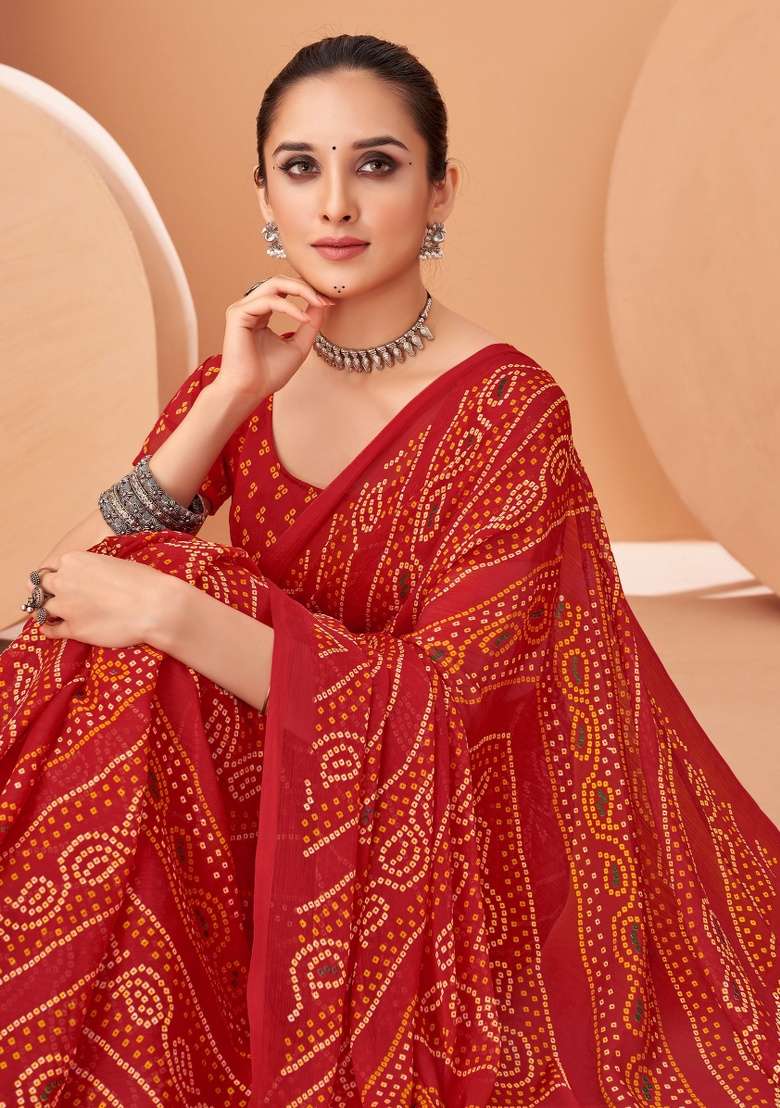Red Embroidery Work Chiffon Saree Set for Diwali and Festive Wear - Indya