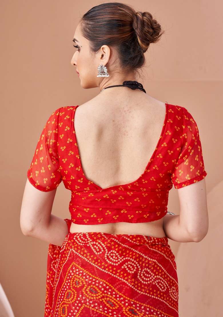 Red Embroidery Work Chiffon Saree Set for Diwali and Festive Wear - Indya