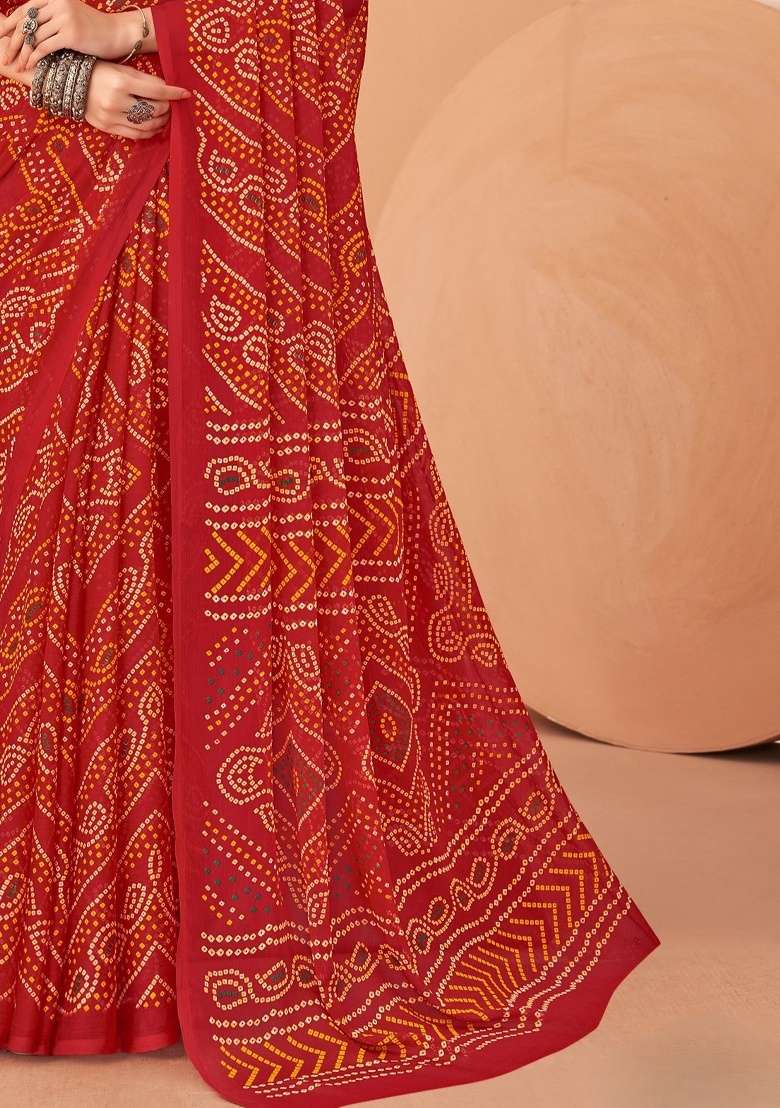 Red Embroidery Work Chiffon Saree Set for Diwali and Festive Wear - Indya