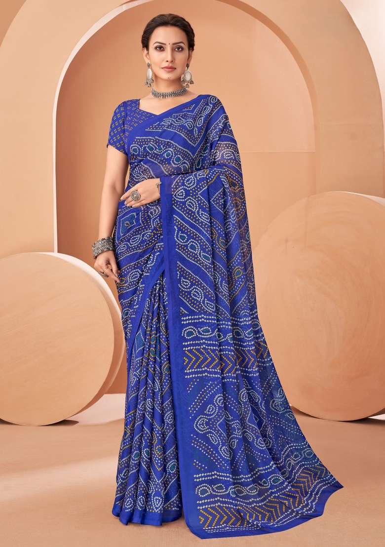 Royal Blue Work Chiffon Saree Set with Embroidery for Diwali | Wedding & Festive Wear - Indya