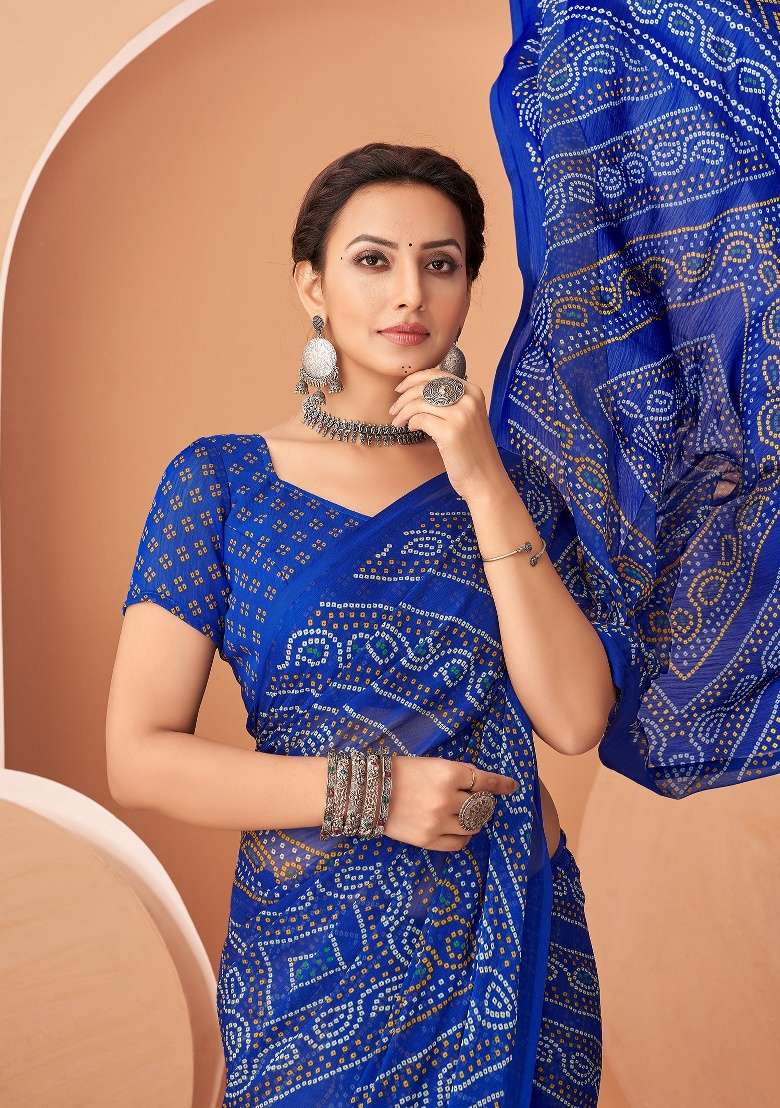 Royal Blue Work Chiffon Saree Set with Embroidery for Diwali | Wedding & Festive Wear - Indya