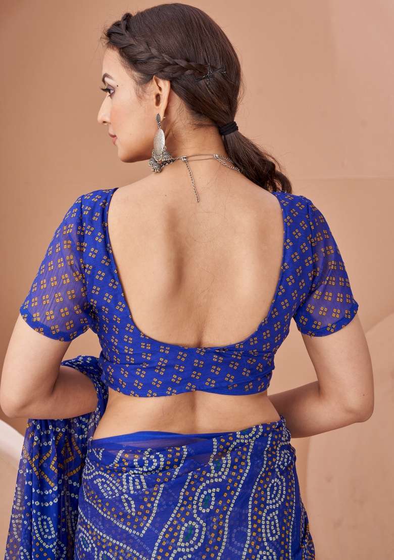 Royal Blue Work Chiffon Saree Set with Embroidery for Diwali | Wedding & Festive Wear - Indya