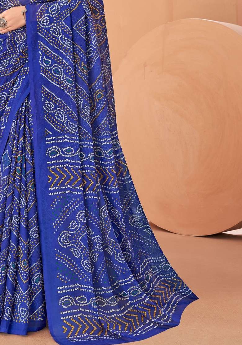 Royal Blue Work Chiffon Saree Set with Embroidery for Diwali | Wedding & Festive Wear - Indya