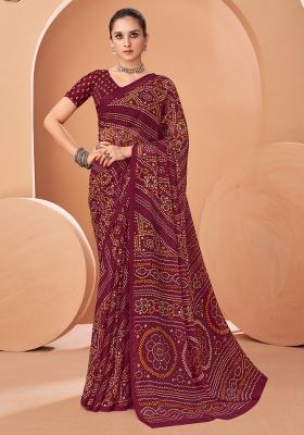 Wine Embroidery Work Chiffon Saree Set