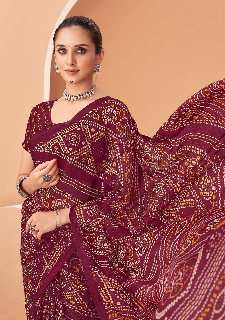 Wine Work Chiffon Saree Set with Embroidery for Diwali | Wedding & Festive Wear - Indya