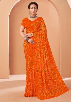 Orange Embroidery Work Chiffon Saree Set