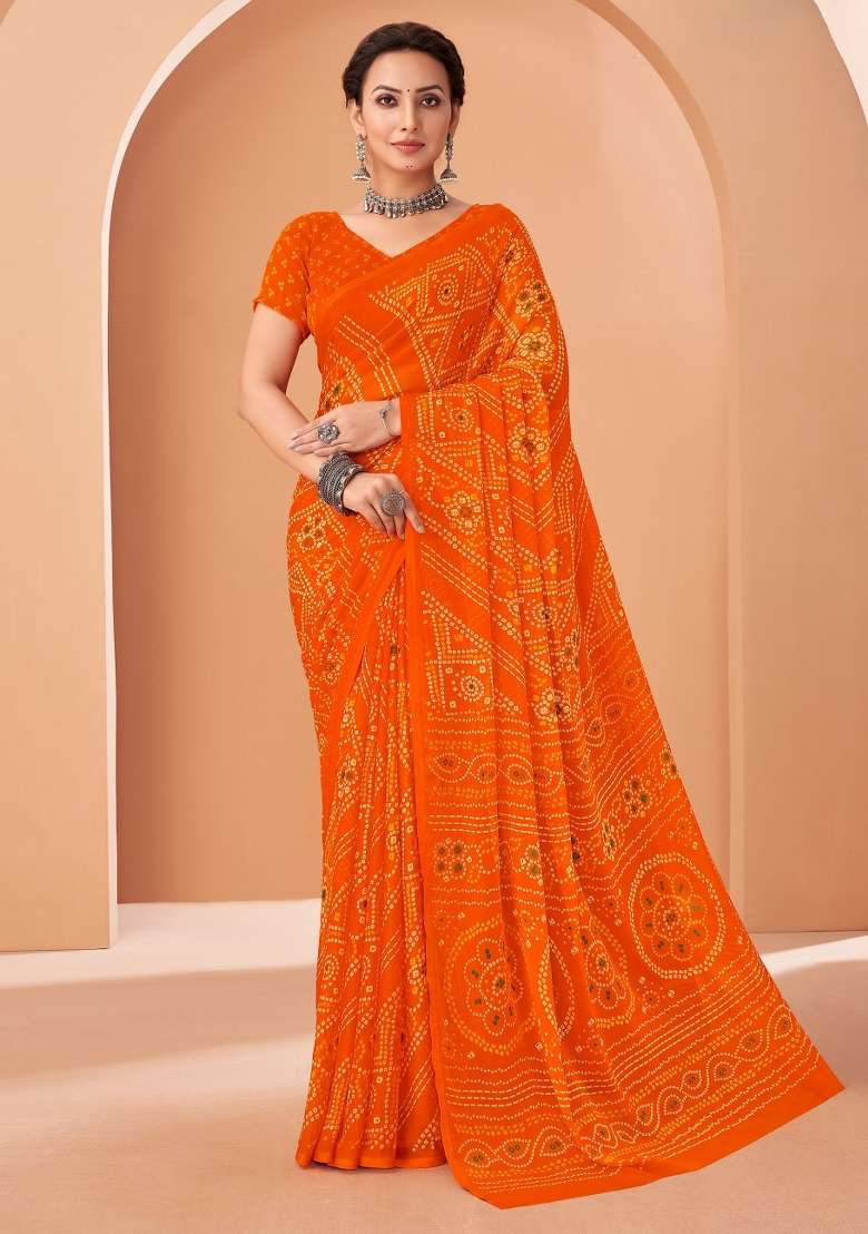 Orange Work Chiffon Saree Set with Embroidery for Diwali | Wedding & Festive Wear - Indya