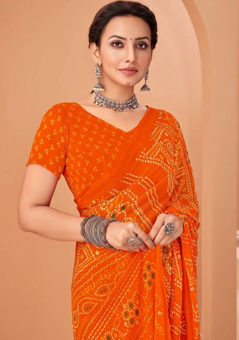 Orange Work Chiffon Saree Set with Embroidery for Diwali | Wedding & Festive Wear - Indya