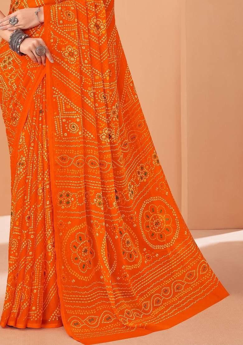 Orange Work Chiffon Saree Set with Embroidery for Diwali | Wedding & Festive Wear - Indya