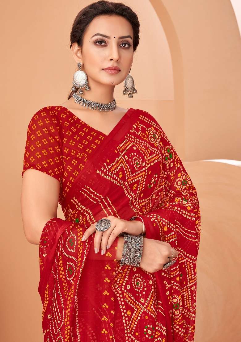 Red Work Chiffon Saree Set with Embroidery for Diwali | Wedding & Festive Wear - Indya