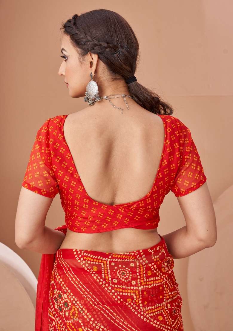 Red Work Chiffon Saree Set with Embroidery for Diwali | Wedding & Festive Wear - Indya