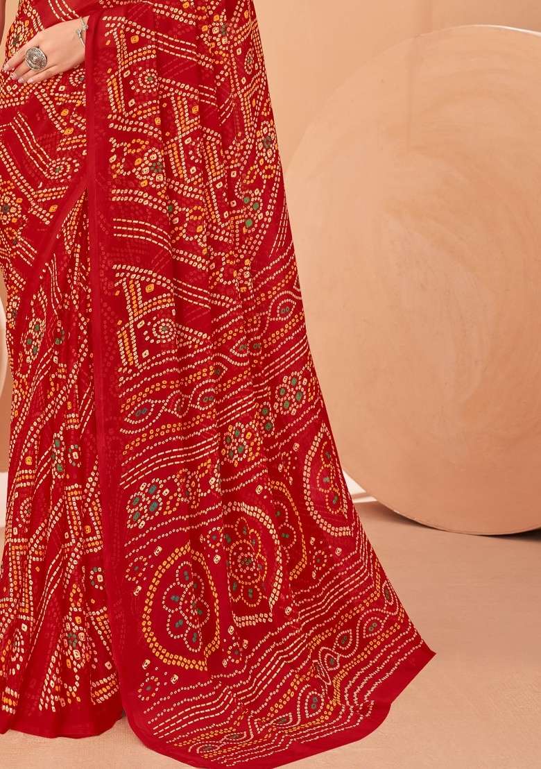 Red Work Chiffon Saree Set with Embroidery for Diwali | Wedding & Festive Wear - Indya